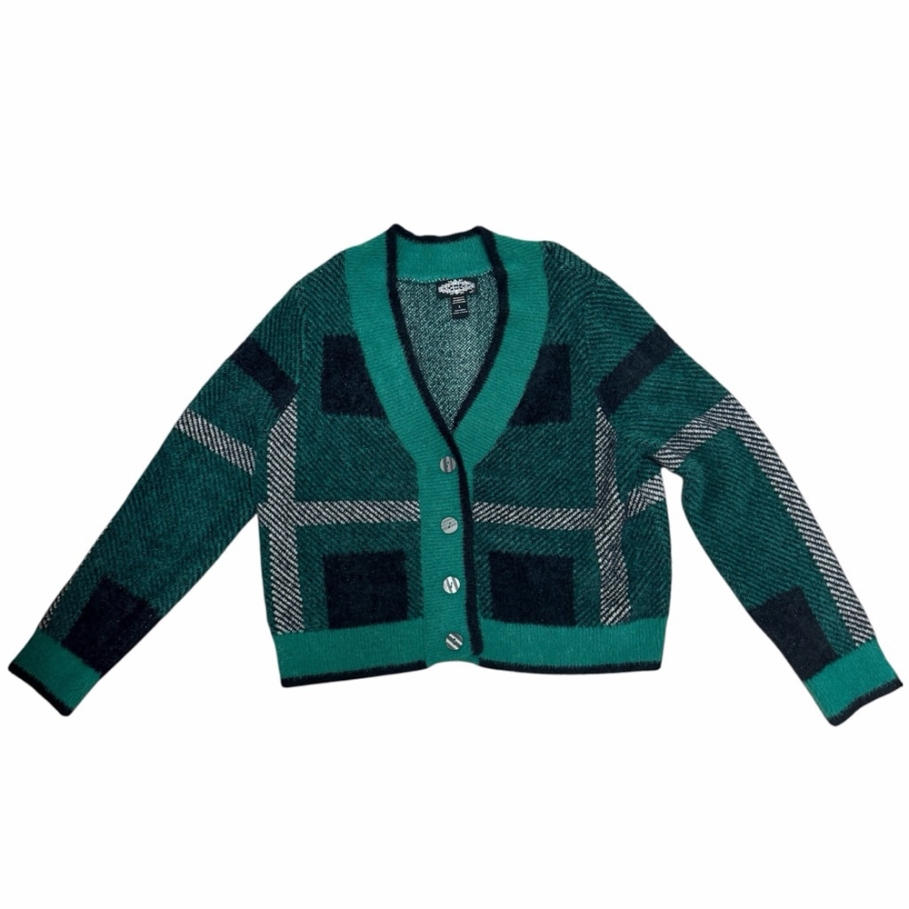 Green Plaid Fuzzy Cardigan Women L Soft Eyelash Knit Cropped Cozy Button Front - Picture 10 of 12